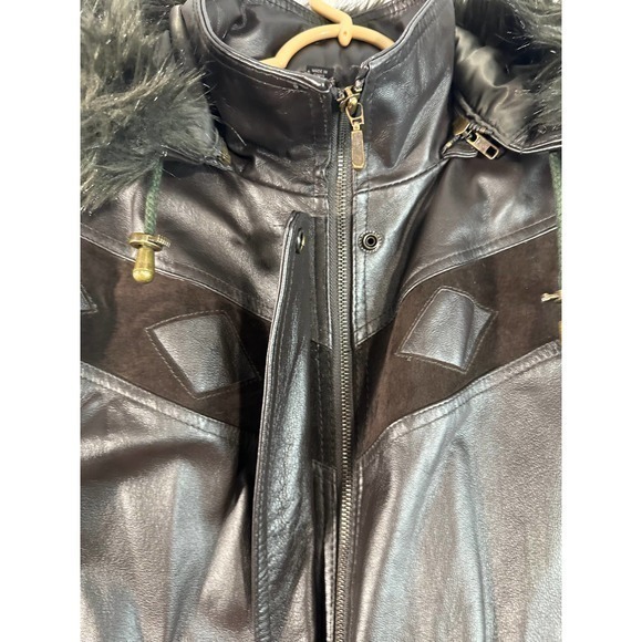 Liz Phillips Womens Leather Faux Fur Trim Hooded Full Zip Coat Jacket Large - Picture 4 of 8